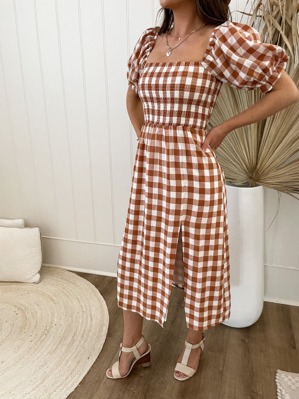 Les Cayes Midi Rust Check Dresses Sun Palm Boutique