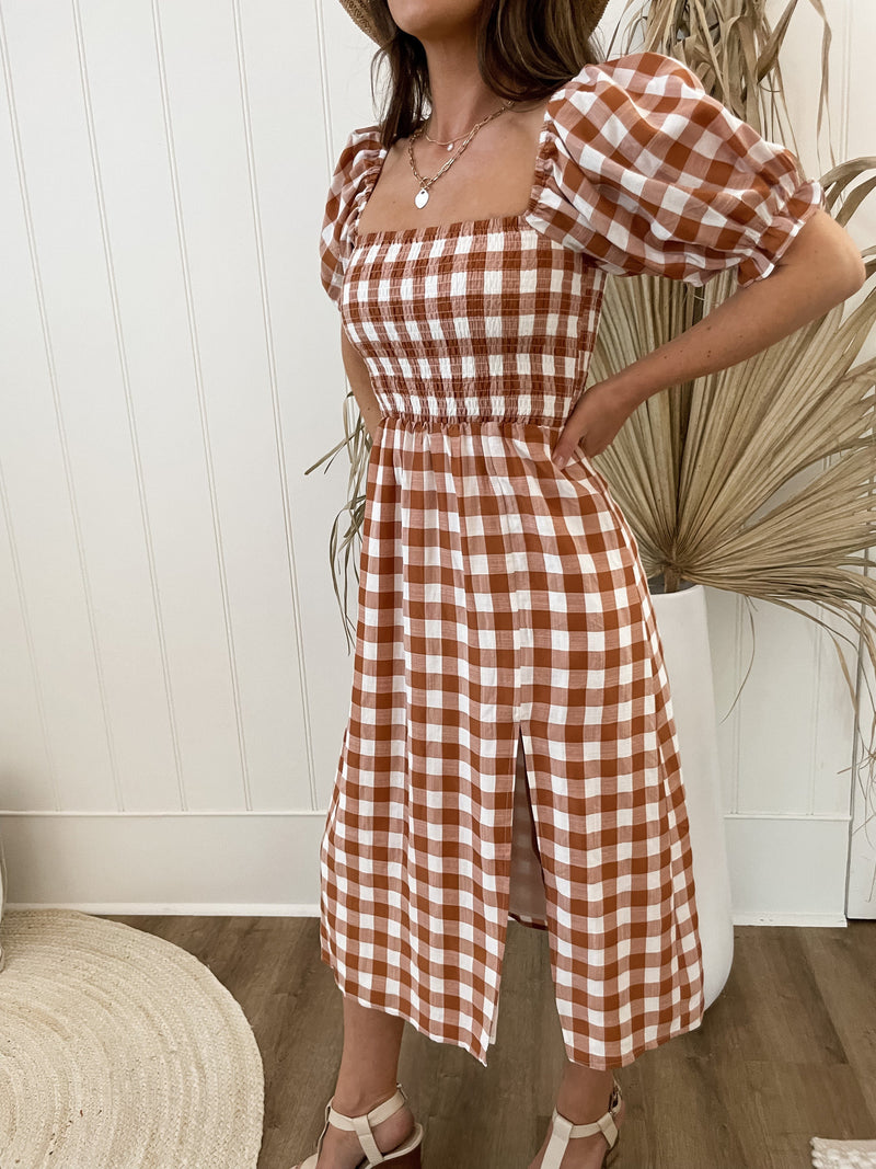 Les Cayes Midi Rust Check Dresses Sun Palm Boutique