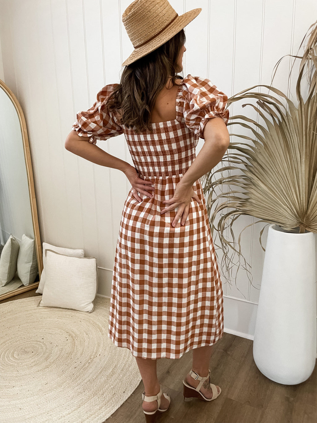 Les Cayes Midi Rust Check Dresses Sun Palm Boutique