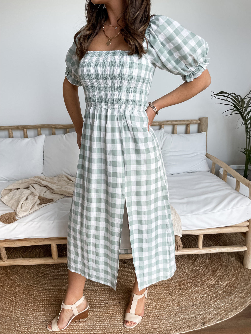 Les Cayes Midi Sage Check Dresses Sun Palm Boutique