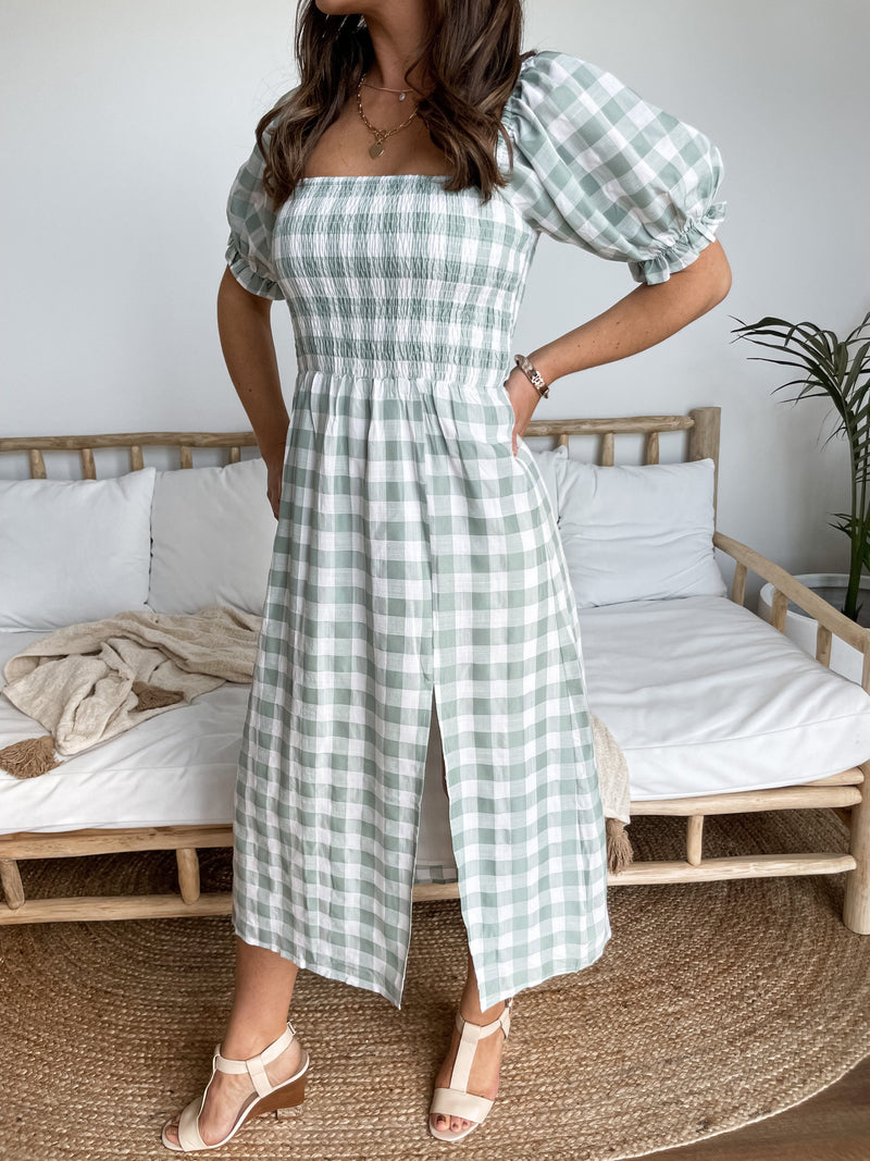 Les Cayes Midi Sage Check Dresses Sun Palm Boutique
